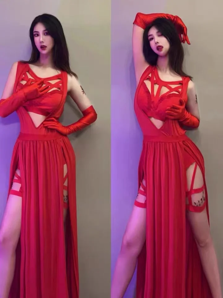 

Nightclub DJ Party Bar DS Performance Dress Sexy Red Black Transparent Yarn Skirt Bikini Atmospheric Singer Stage Dance Outfits
