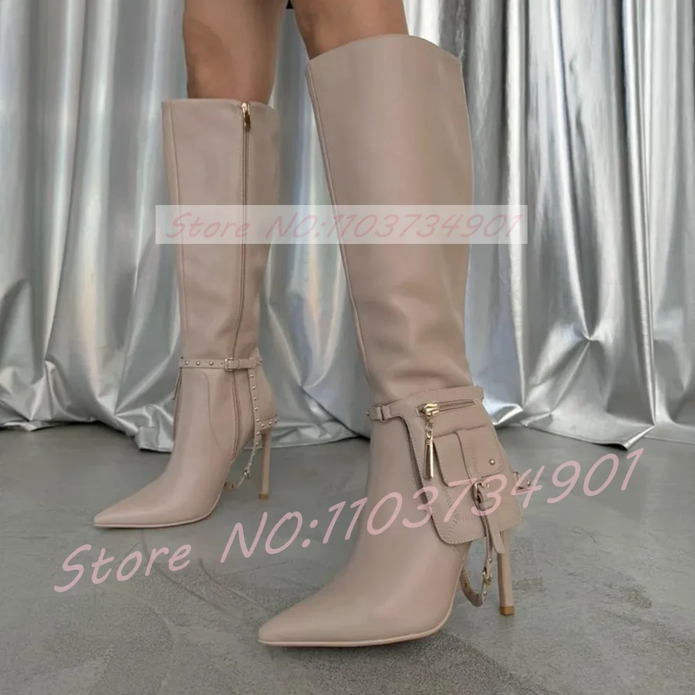 

Сапоги до колена с карманами и ремешком, женские бежевые сапоги до колена с острым носком на высоком каблуке, женские вечерние модные уличные туфли
