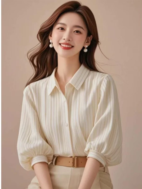 

Spring Summer New Sle Women's irt Loose Fit Lantern Sve Striped Collar mid Sve Top Faion Slimming Design