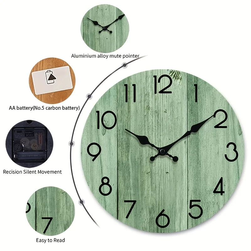 A Round Wall Clock with Light Green Wood Grain Pattern, Minimalist and Fresh Timepiece, Silent Non-ticking, Back-to-school Season Gift, Suitable for Home Decor and Gifting, AA Battery Not Included