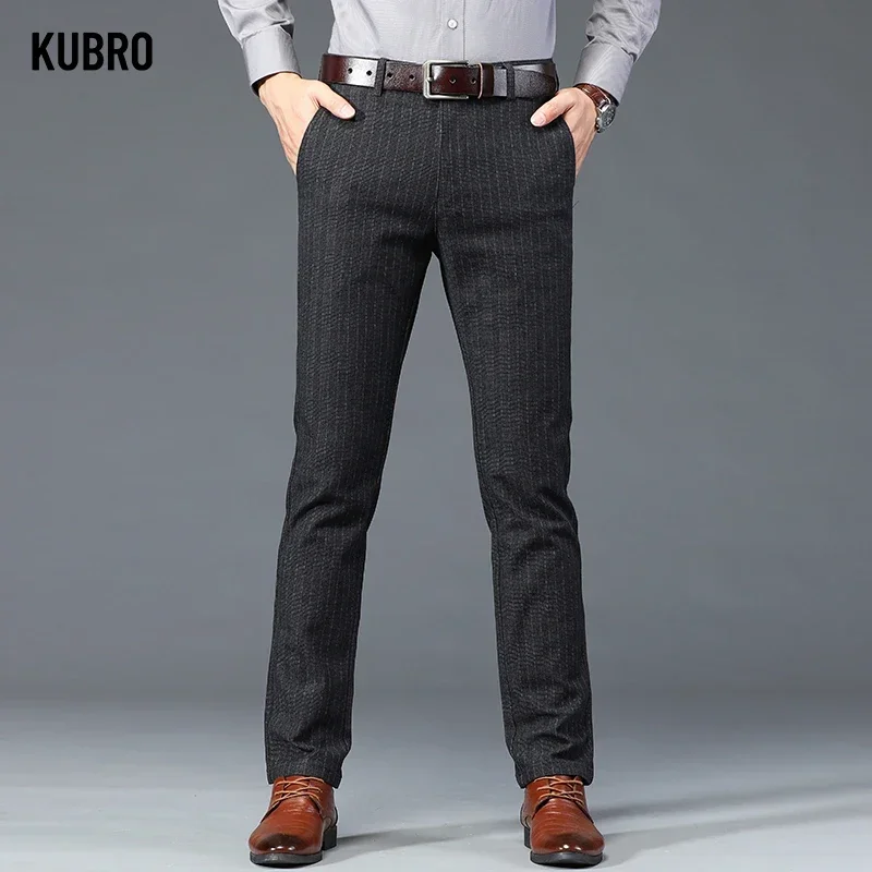 KUBRO 2023 New Elegant British Style Formal Dress Pants Men Fashion Office Stretch Striped Wedding Business Cotton Male Trousers