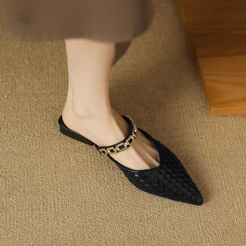 Women Slippers Pointed Toe Design Shallow Slip on Thin Low Heels Black Flock Design Casual Mules Loafers Black Outdoor