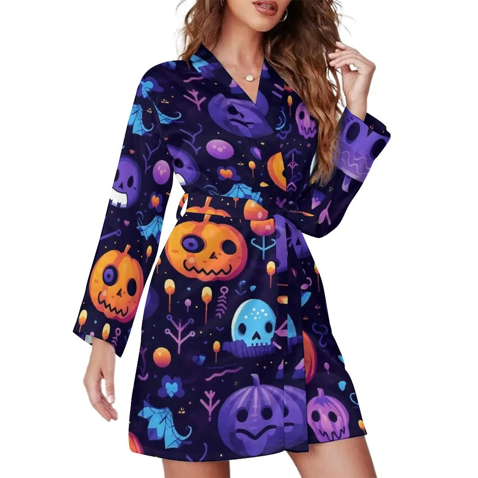 Blue Orange Pumpkins Pajama Robe V Neck Funny Halloween Retro Dresses Women Long-Sleeve Casual Nightgown Design Pajamas Robes