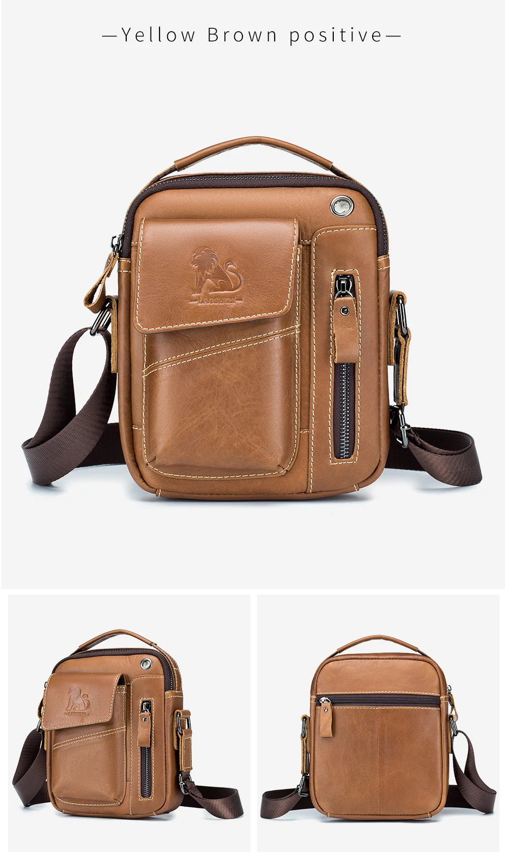 Herren-Umhängetasche aus Leder, multifunktionale Umhängetasche aus Rindsleder mit hoher Kapazität, Handtasche – Detail 11