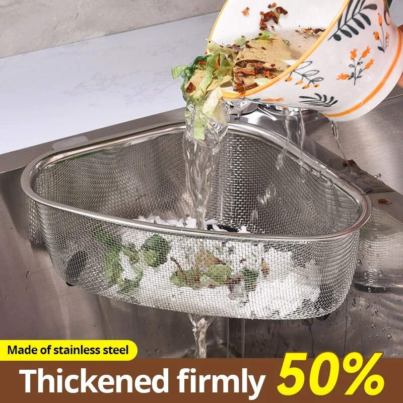 Triangle Drain Sink Stainless Steel Kitchen Residue Filter Net Leakage Wash Vegetable Basket Dishwashing Sponge Storage Shelf