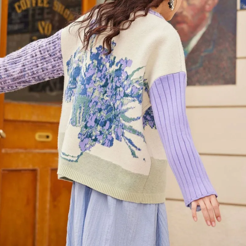 French Women Button Knitted Cardigan Van Gogh Art Painting Floral Jacquard Sweater Female Vintage Loose Casual Knitwear Coat