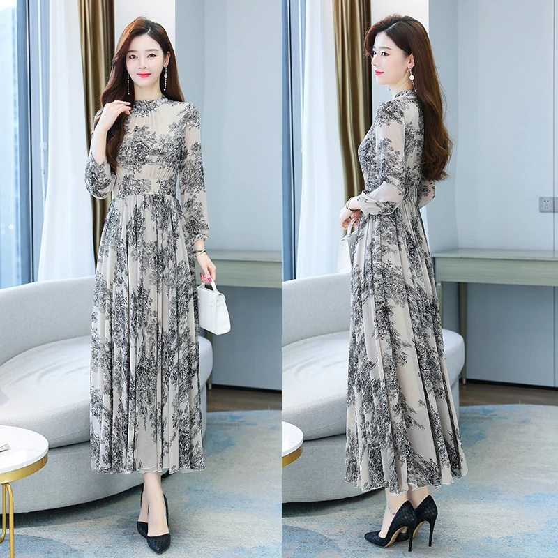 Spring Autumn Women Black Chiffon Maxi Dress Vintage Long Sleeve Party Dress 2024 New Elegant Bodycon Casaul Boho Beach Sundress