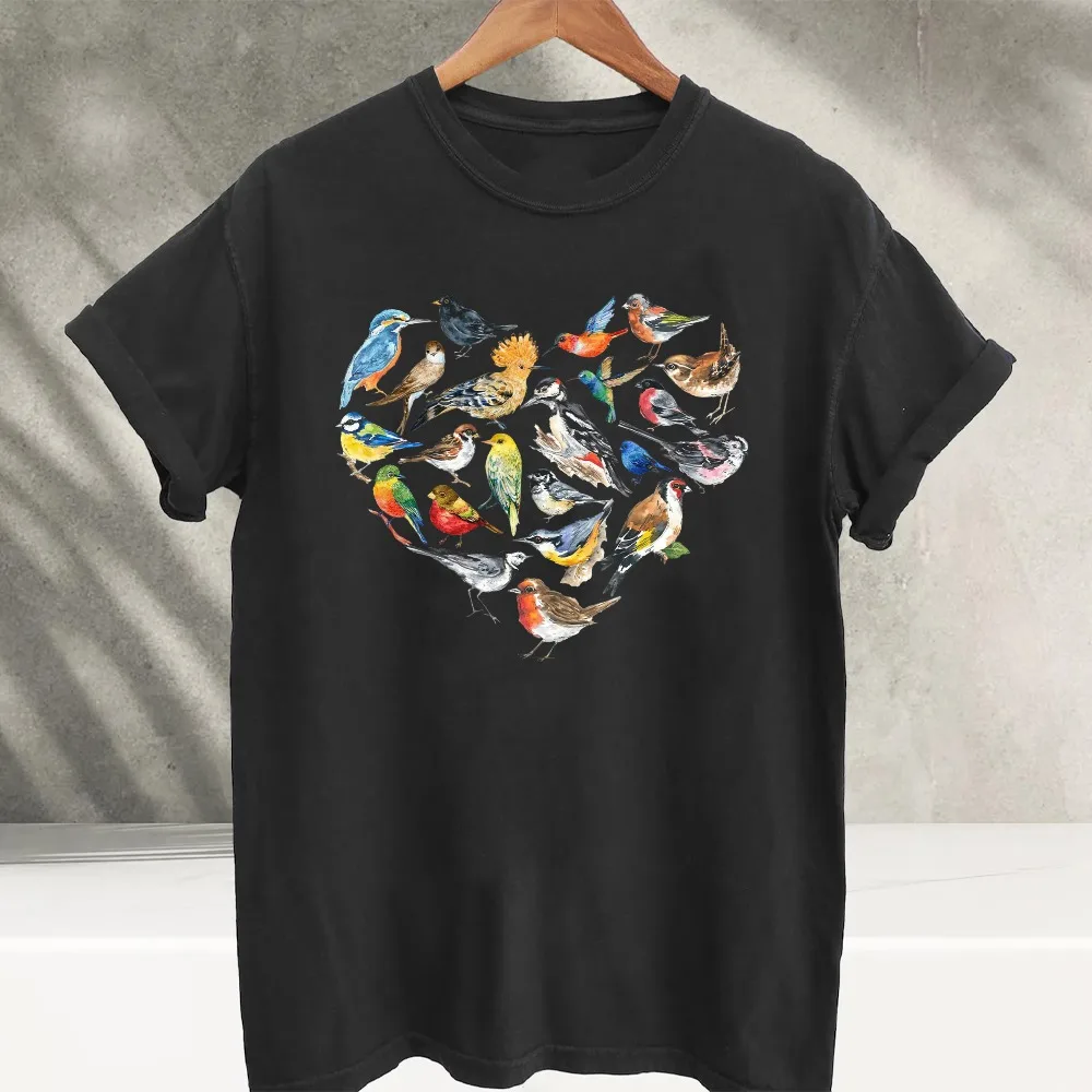 Watercolor Birds Heart Shape Graphic T‑Shirt Crew Neck Short Sleeve Colorful Wild Bird Species Art Print Soft Cotton Casual Tops