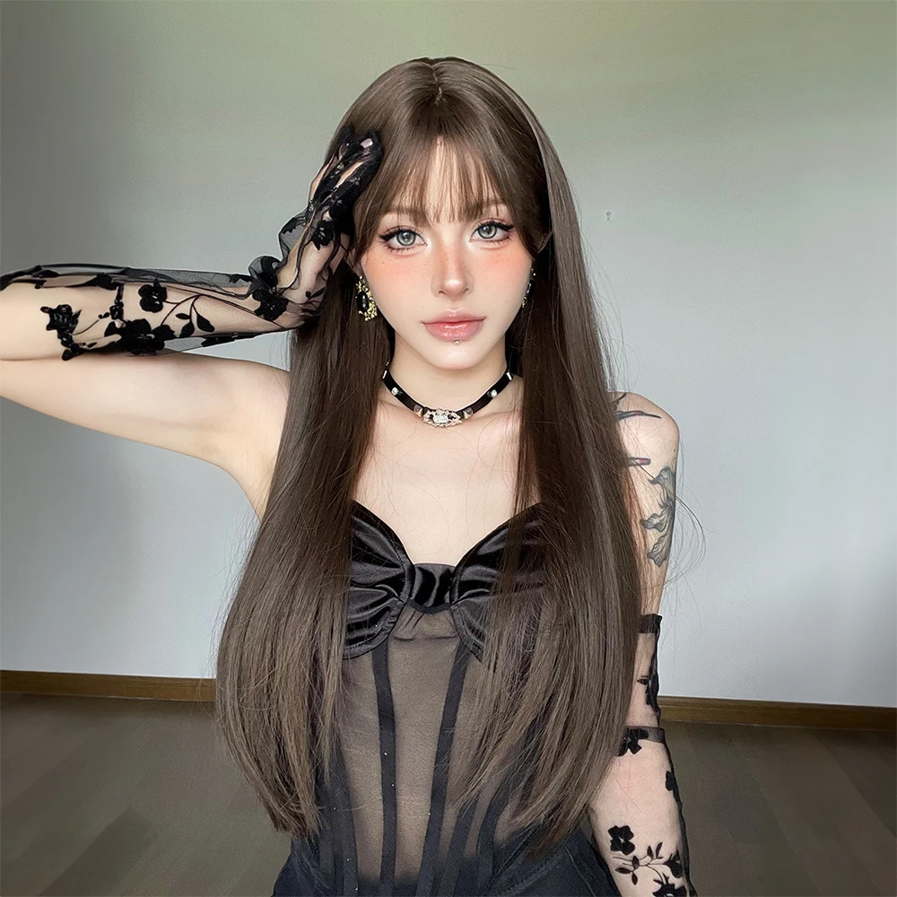 

light brown Long straight Natural Synthetic Wig with Bangs High quality fiber Hair for Women Daily Party Wigs Heat Resistant