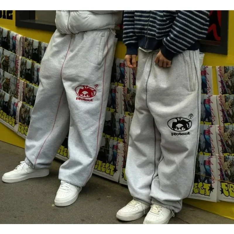 Loose drawstring sweatpant personalized Y2K straight pants hiphop letter embroidered sweatpants 2024 American retro casual pants