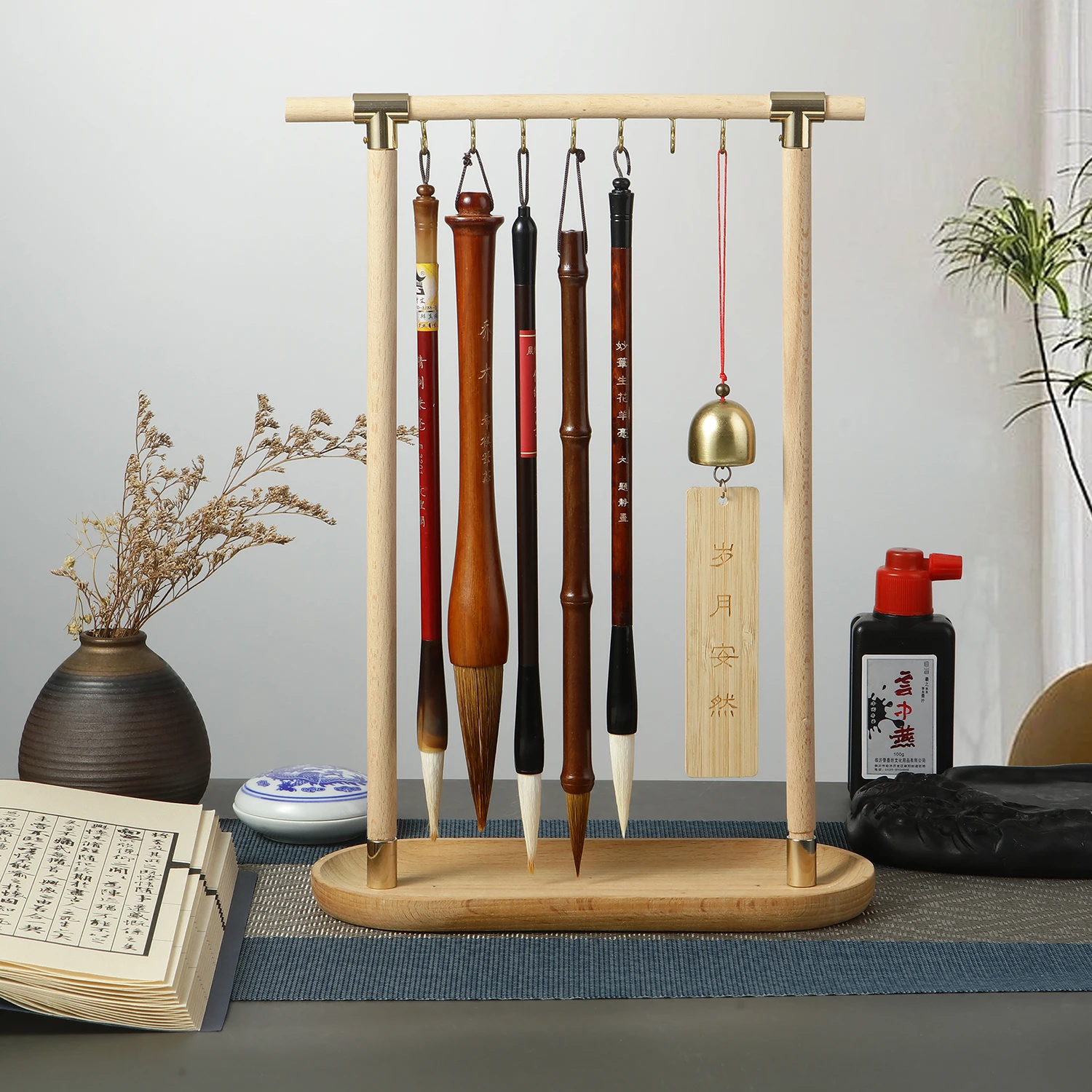 Wood Chinese Brush Pen Holder with Beechwood Base Calligraphy Rest Ink Hanger 7 Hooks Writing Brush Holder School Stationery