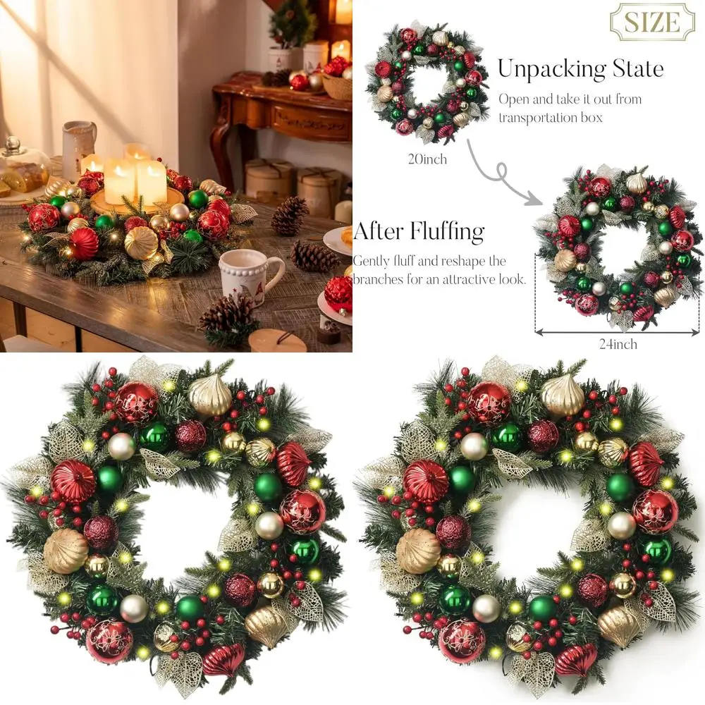 

24 Inch Illuminated Christmas Wreath with Red, Green, and Gold Balls for Outdoor Holiday Decor