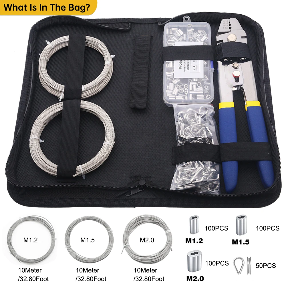 Wire Rope Crimping Fishing Swaging Tool Canvas Bag Set(300PCS Aluminum Sleeve&30Meter Wire Rope)  M1.2-2.0