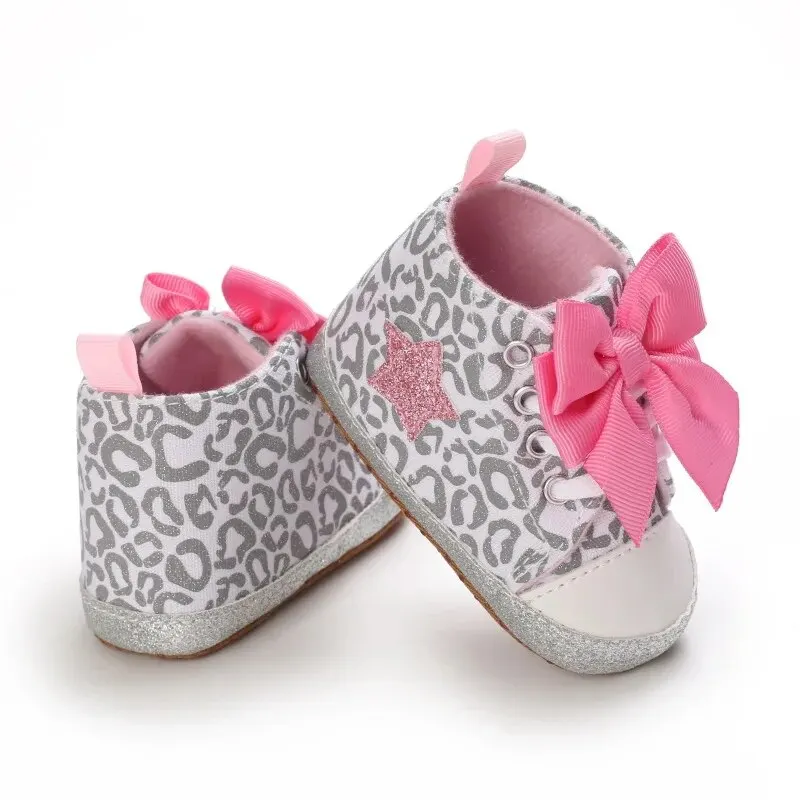 Meckior Baby Star Canvas Shoes Glittering Bowknot Soft Sole Anti Slip Baby Girls Shoes High-top Toddler Lace-up Princess Shoes