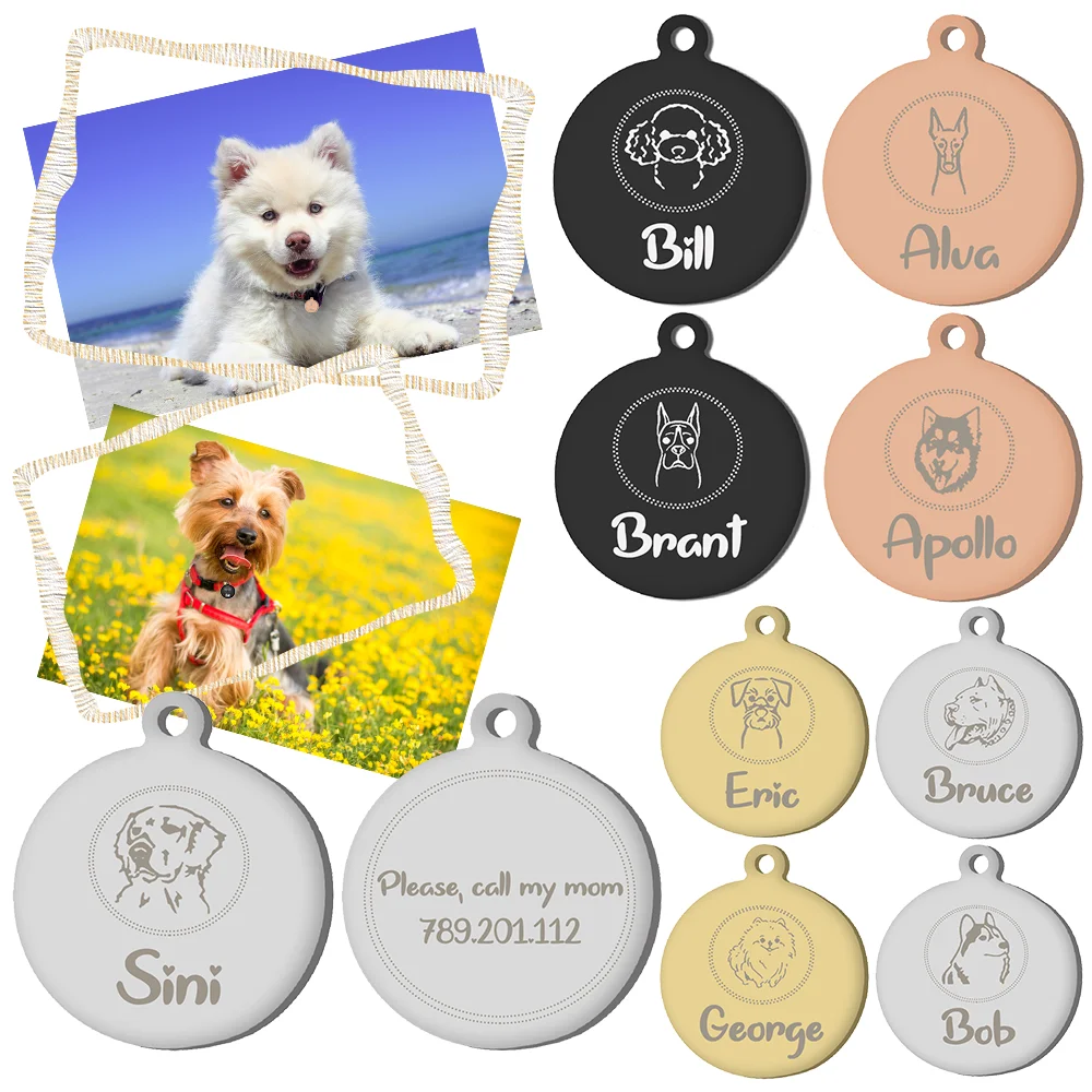 Personalized Cat Dog ID Tag Name with Dashed Circle Engraved Front and Back for Custom Pets Collar Anti-Lost Metal Charm
