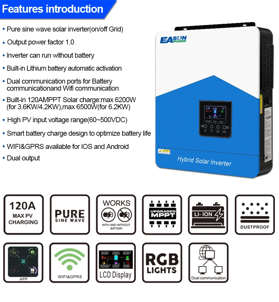 EASUN 6,2 kW Hybrid-Solar-Wechselrichter 48 V MPPT-Photovoltaik-Wechselrichter reiner Sinus PV 6500 W 500 VDC integrierter 120 A Solarladeregler – Detail 4