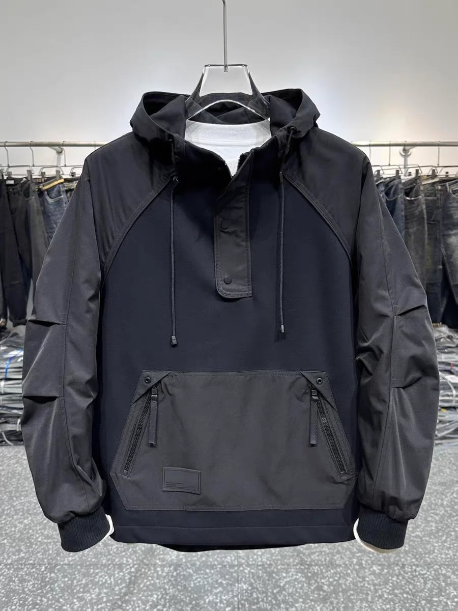 

Мужская куртка-карго с капюшоном Techwear с карманом-кенгуру на молнии, весенне-осенний однотонный лоскутный повседневный уличный топ