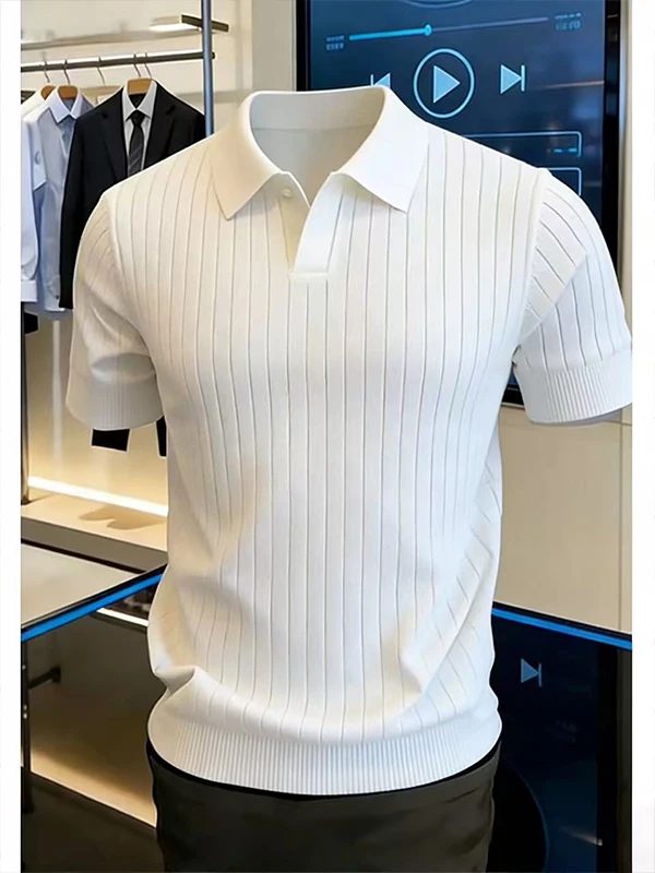 Olive Sea Gull Collar Short Sleeve Knitted  Shirt Men's Style Summer Casual Slim Fit Business Casual Half Sleeve T-shirt