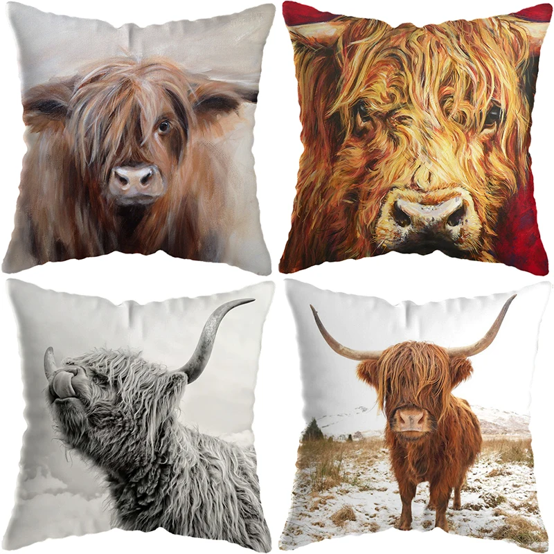 

45x45cm Scottish Highlands Cat Cow Yak print Pillowcase Sofa Seat cushion Cover children's room Home decoration Hold pillowcase