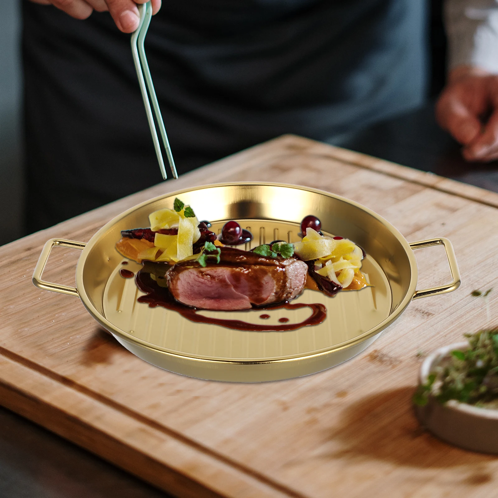 

20Cm Stainless Steel Round Plate Gold Serving Tray For Bbq Seafood Steak Snacks Parties Outdoor Cooking Stackable Double Ears