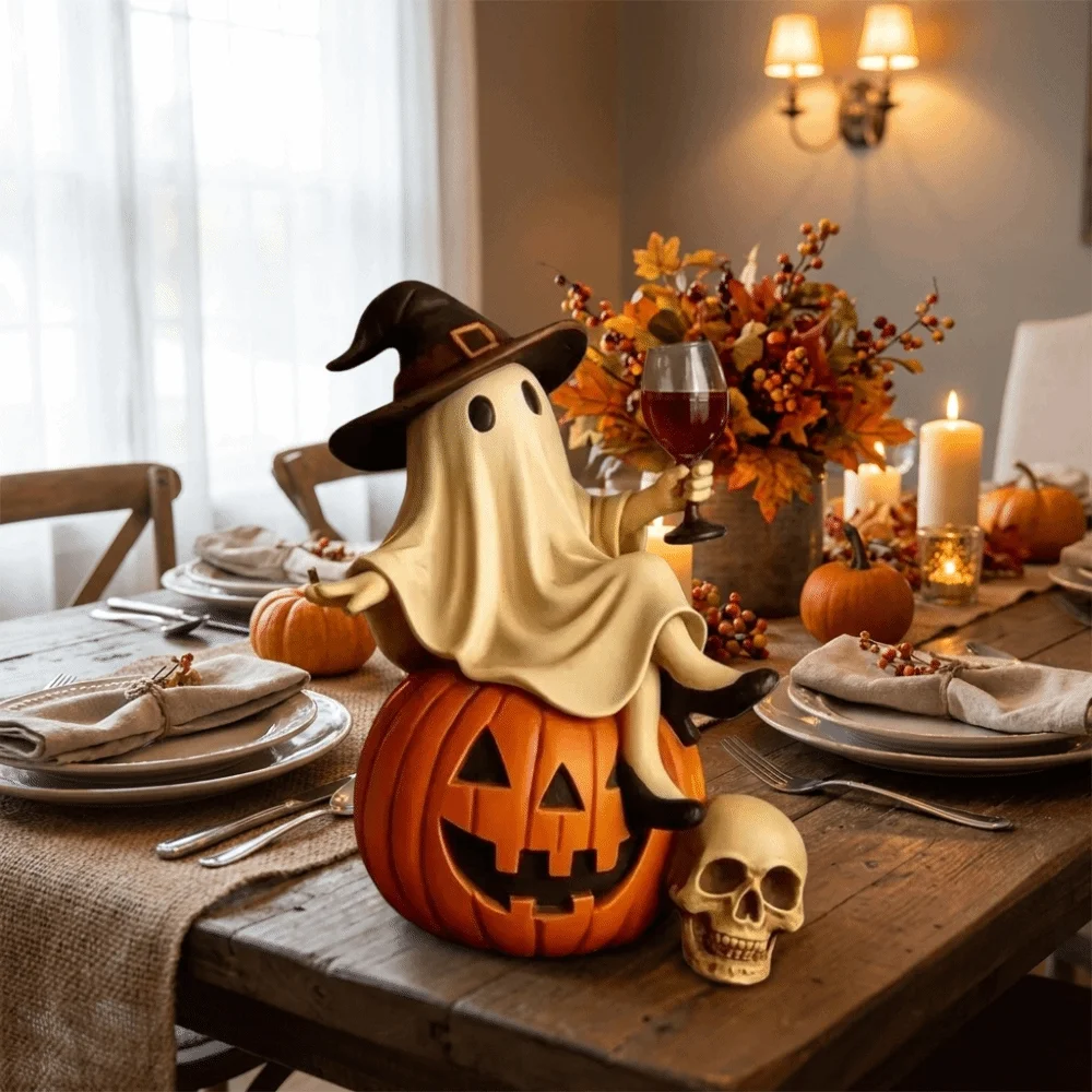 Cartoon Halloween Ghost Figurine Spooky Vintage Witch Statue Decorative Holding a Wine Glass Bar Tabletop Resin Ornament
