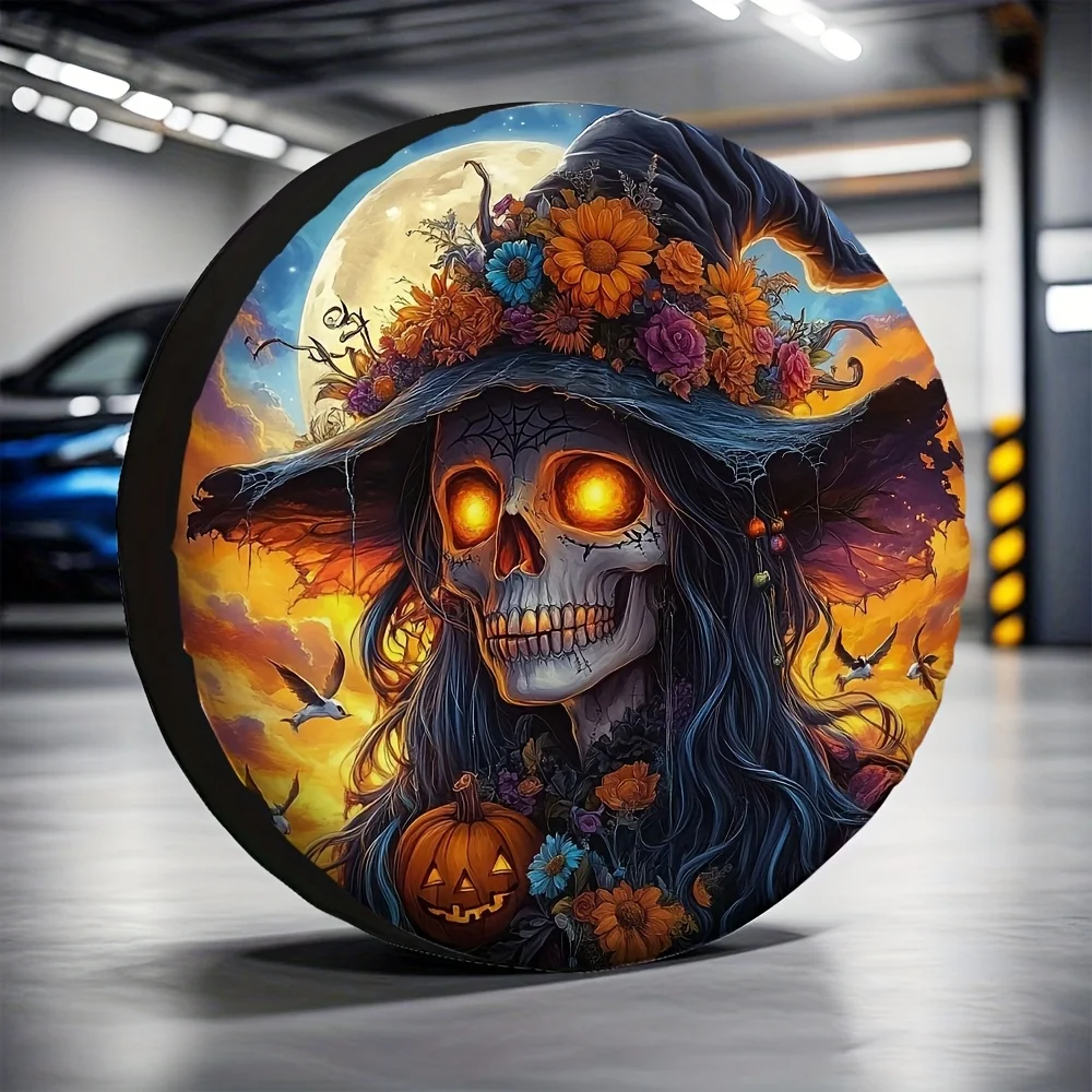 1pc Halloween Skull Spare Tire Cover - Vibrant Floral & Autumn Design, Durable Machine Washable Fabric, Fits Most Vehicles