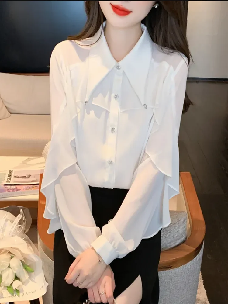 قميص شيفون أبيض بأكمام طويلة للنساء لربيع وصيف 2026 تصميم فرنسي أنيق جديد قمصان احترافية فضفاضة
