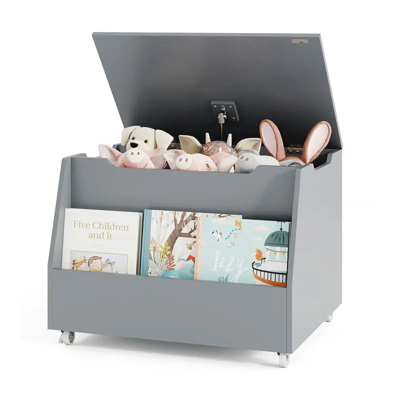 

Wooden Mobile Toy Storage Organizer with Bookshelf and Lockable Wheels-Gray