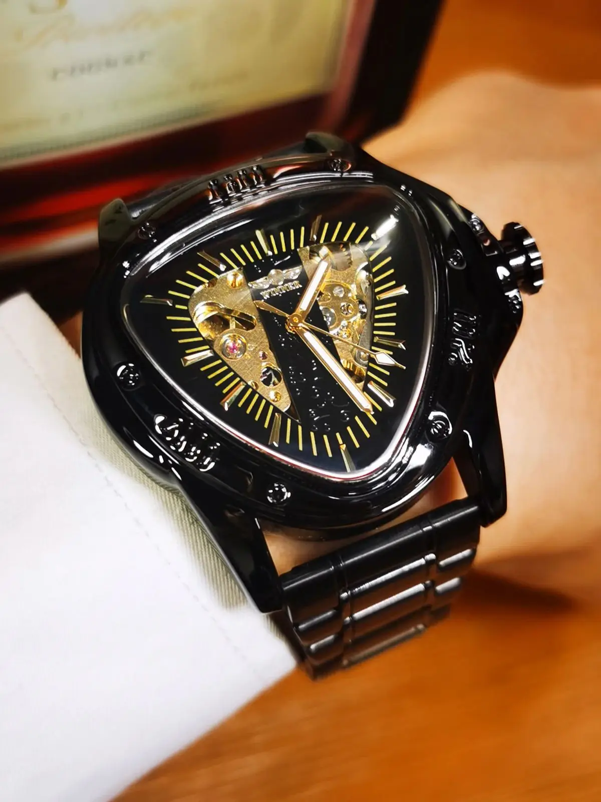 WINNER Sports Military Skeleton Automatic Mechanical Watch for Men Black Gold Triangle Dial Steel Leather Strap Luxury Watches