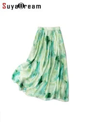 SuyaDream Women Green Skirt 100%Silk Crepe de chine A-Line Printed Long Skirts 2023 Fall Winter Bottoms