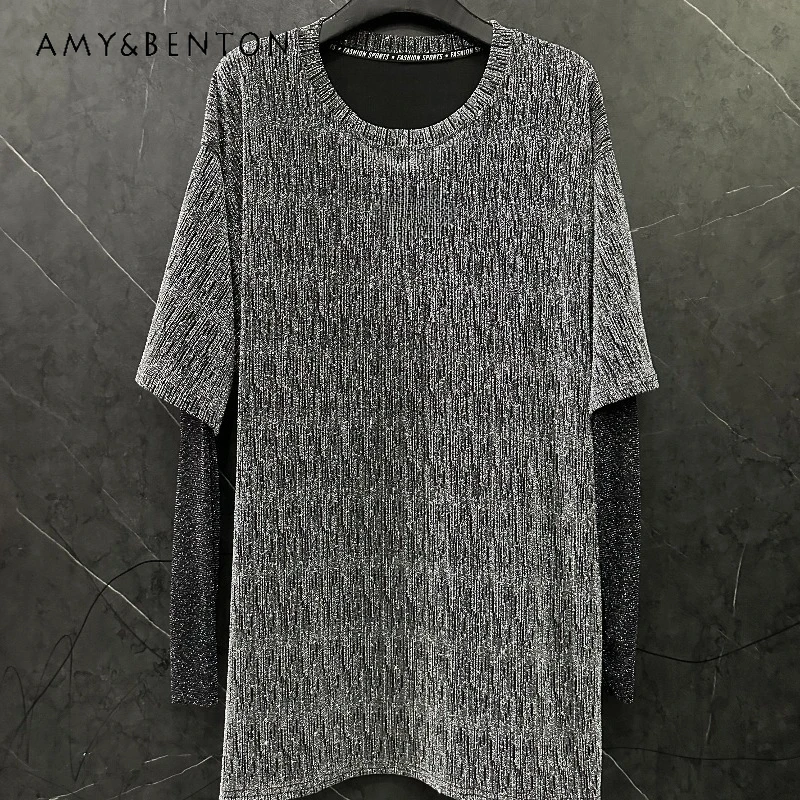 

2026 Summer Heavy Industry Sequin Fake Two-piece Long Sleeved T-shirt Women's Loose Casual Loose Age Reduction Half Sleeves Tops