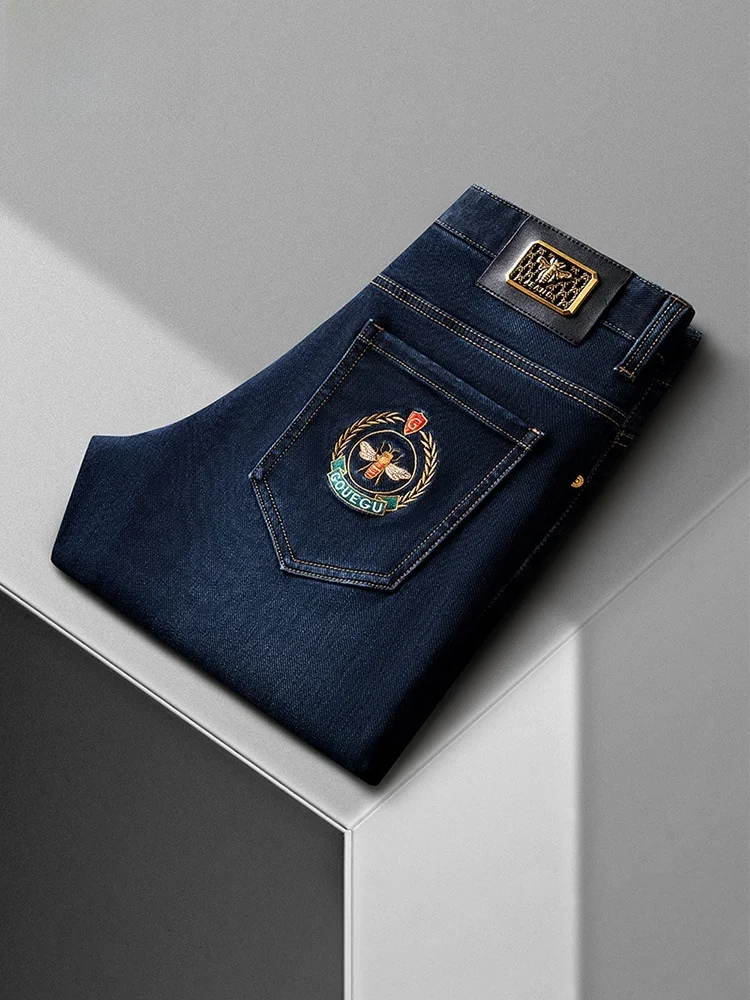 

TUCANO Thiened Embroidered Faionable Men's Jeans Elastic Busin Casual Straight Leg mid Waist Zipper Closure Wear Resis...