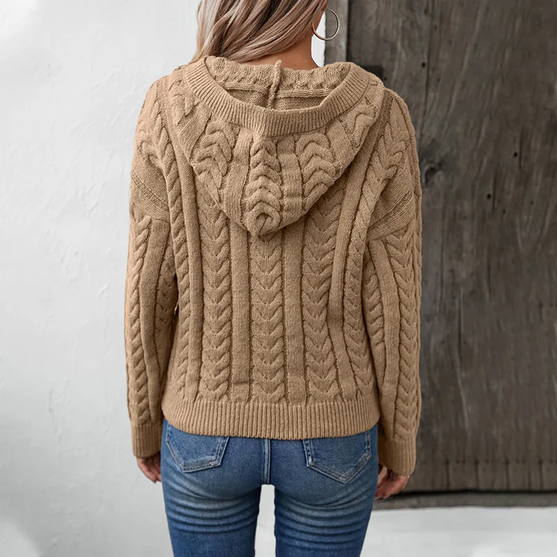 Hooded Pullover Thick Sweater Women's Autumn And Winter Button Fried Dough Twists Knit Shirt Top Women