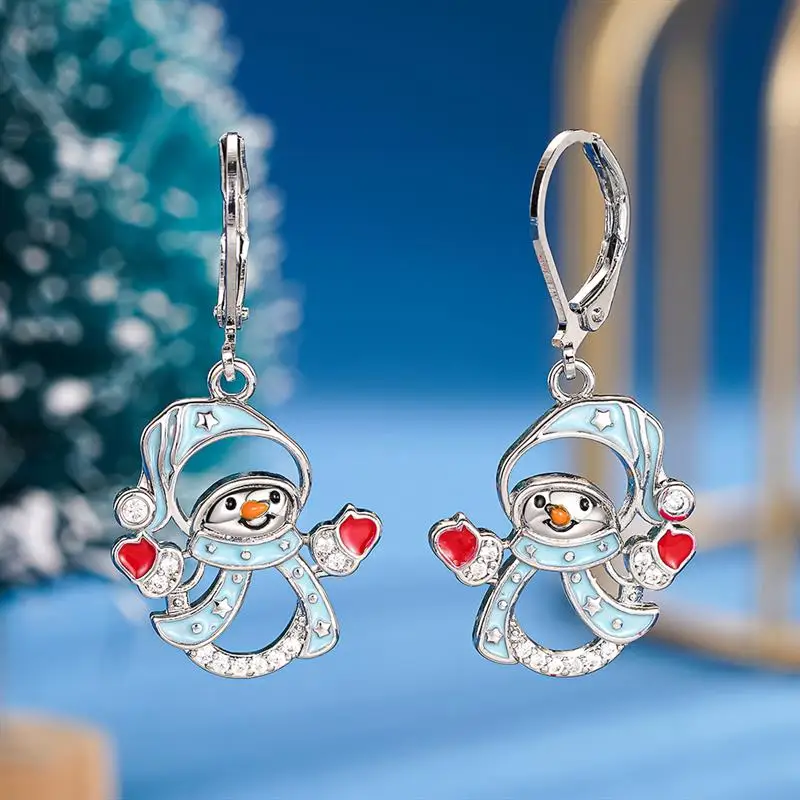 Huitan Cute Enamel Christmas Snowman Drop Earrings for Women Hollow Kawaii Winter Accessories Festival Party Jewelry Inlaid CZ