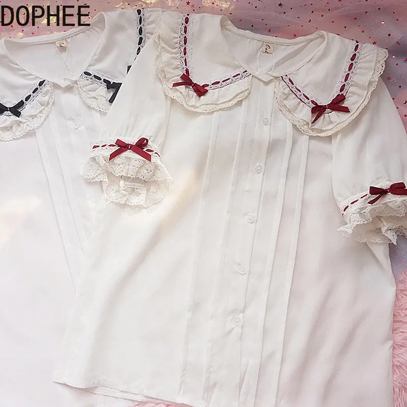 Japanese New Spring Summer Short Sleeve Lolita Top Cute Bow Lace Peter Pan Collar Casual Shirts All-match Students Princess Tops