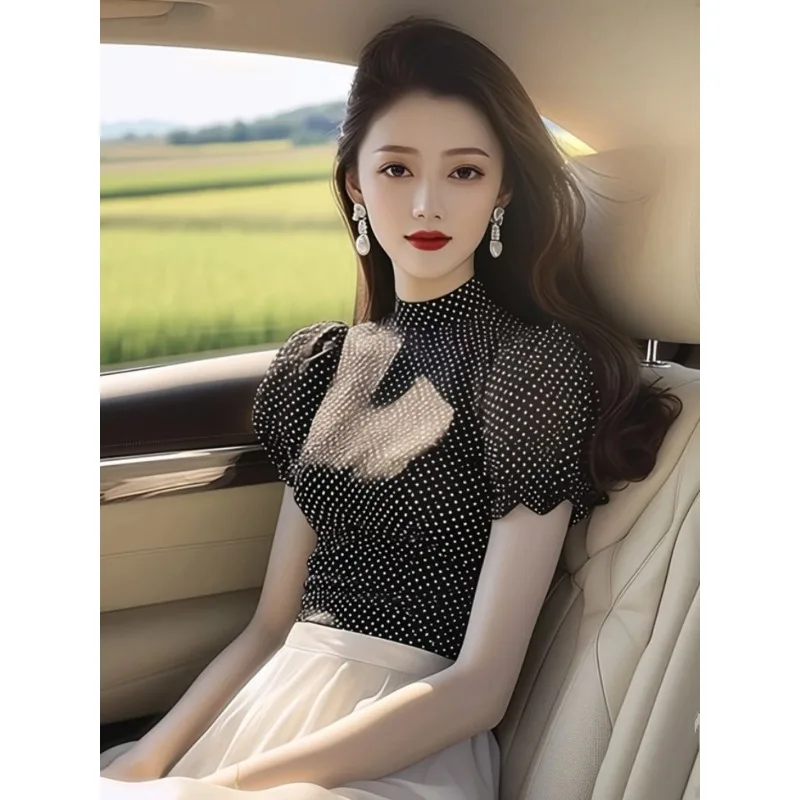 Polka Dot Short-sleeved Blouse For Women Summer Top Puff Sleeve Fashion Casual Women's Wear