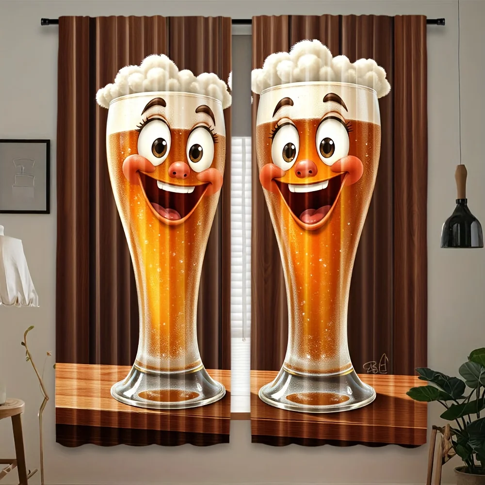 Two glasses of beer with smiling faces Print Drapes Room Darkening Window Curtains for Home Decor,Rod Pocket Blackout Curtains