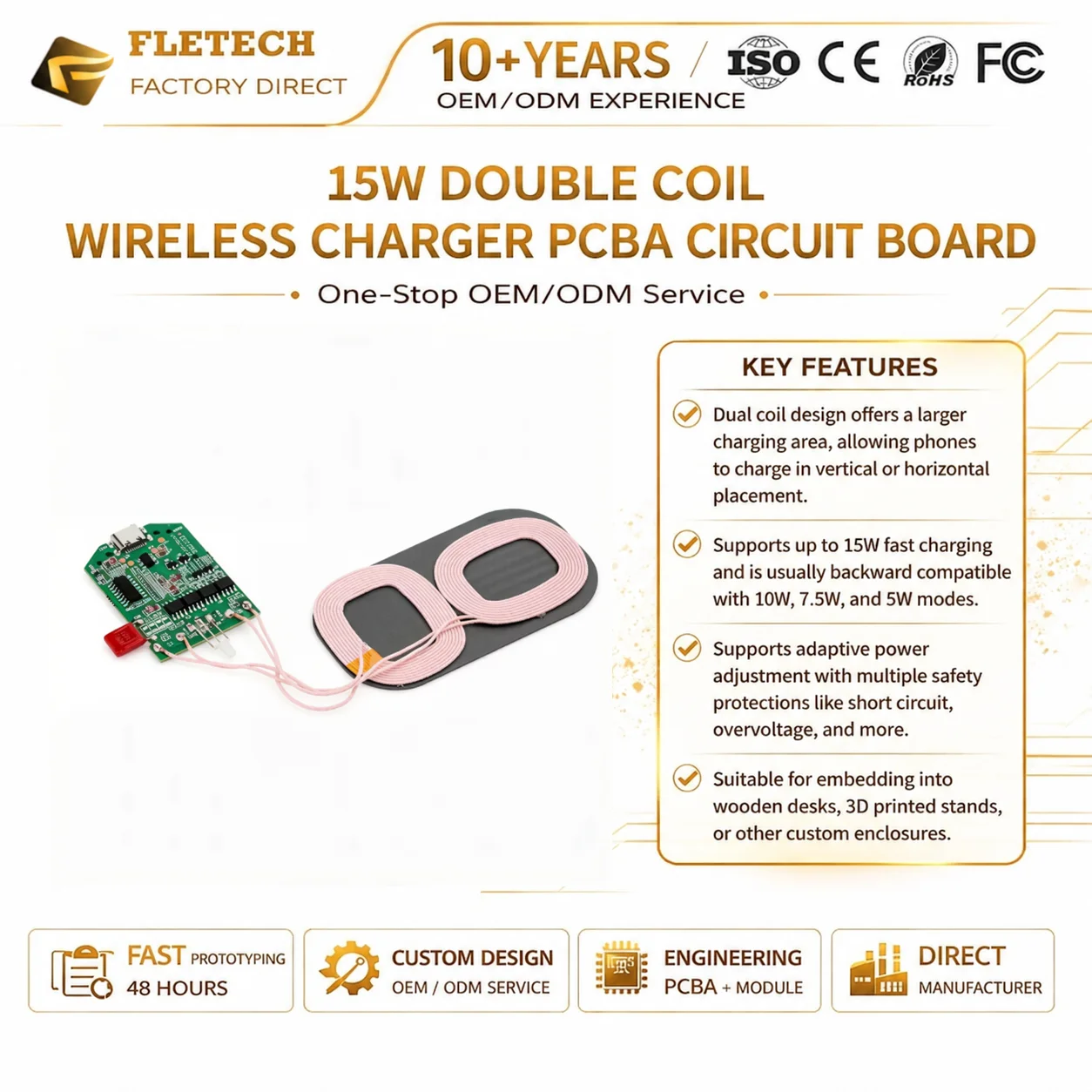 Dual Coil 15W Charging Module Charging Pcba Circuit Board Universal for Home Car Equipment