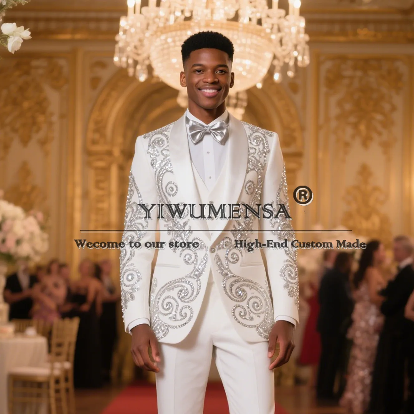 

Мужской костюм с блестящими кристаллами и бисером для свадьбы, индивидуальные смокинги из трех предметов для выпускного вечера, однобортные пиджаки, мужская вечерние одежда для жениха