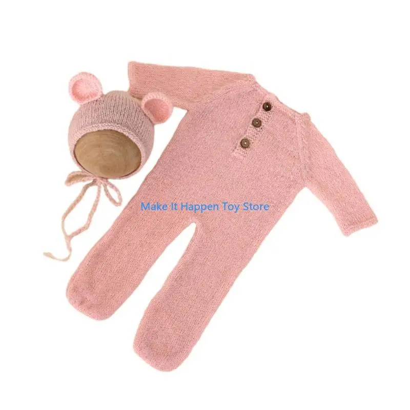 28EC 유아 Photostudio 소품 곰 의상 Romper 비니 모자 사진 정장 샤워 선물