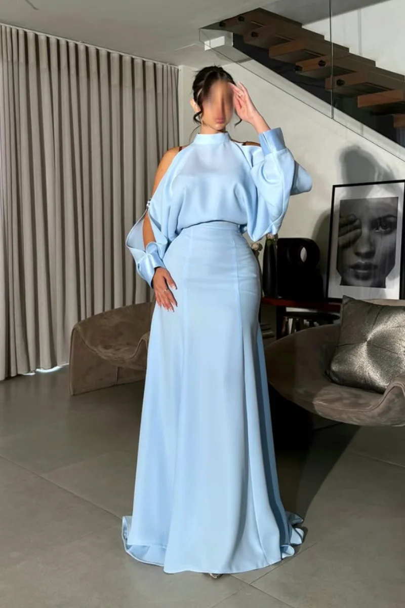 Jessica Sky Blue Evening Dresses Fluffy Long Sleeves Hollow Prom Dresses Slim And Elegant Ladies Party Dresses Vestidos De Gala