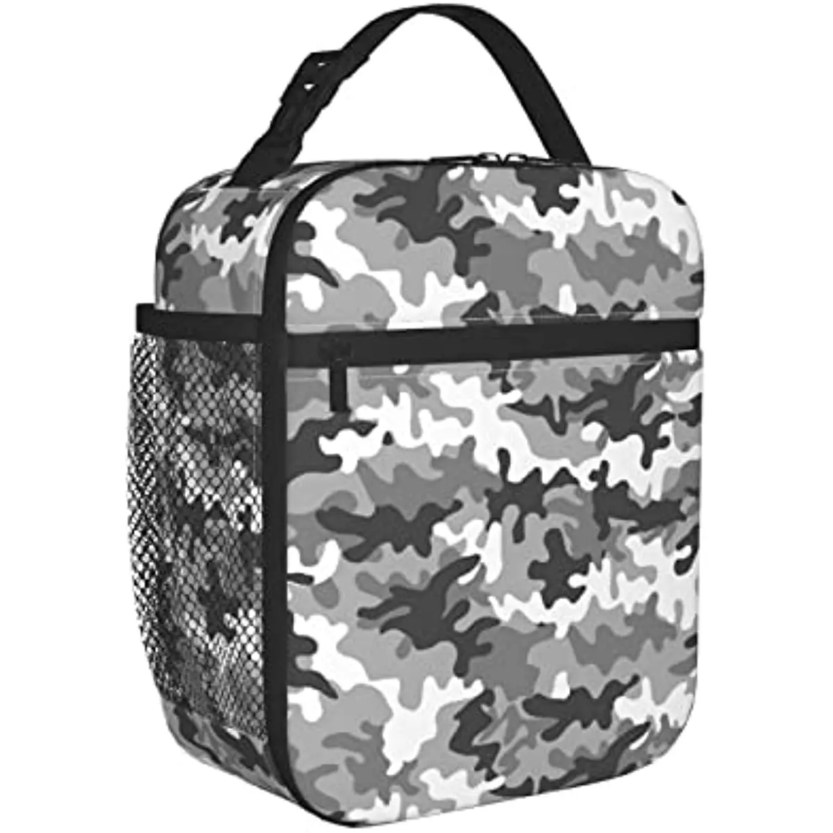 Black White Gray Camo Urban Camouflage Lunch Box Removable Buckle Handle Strap Bag Portable Fresh-Keeping Bag For Women, Men