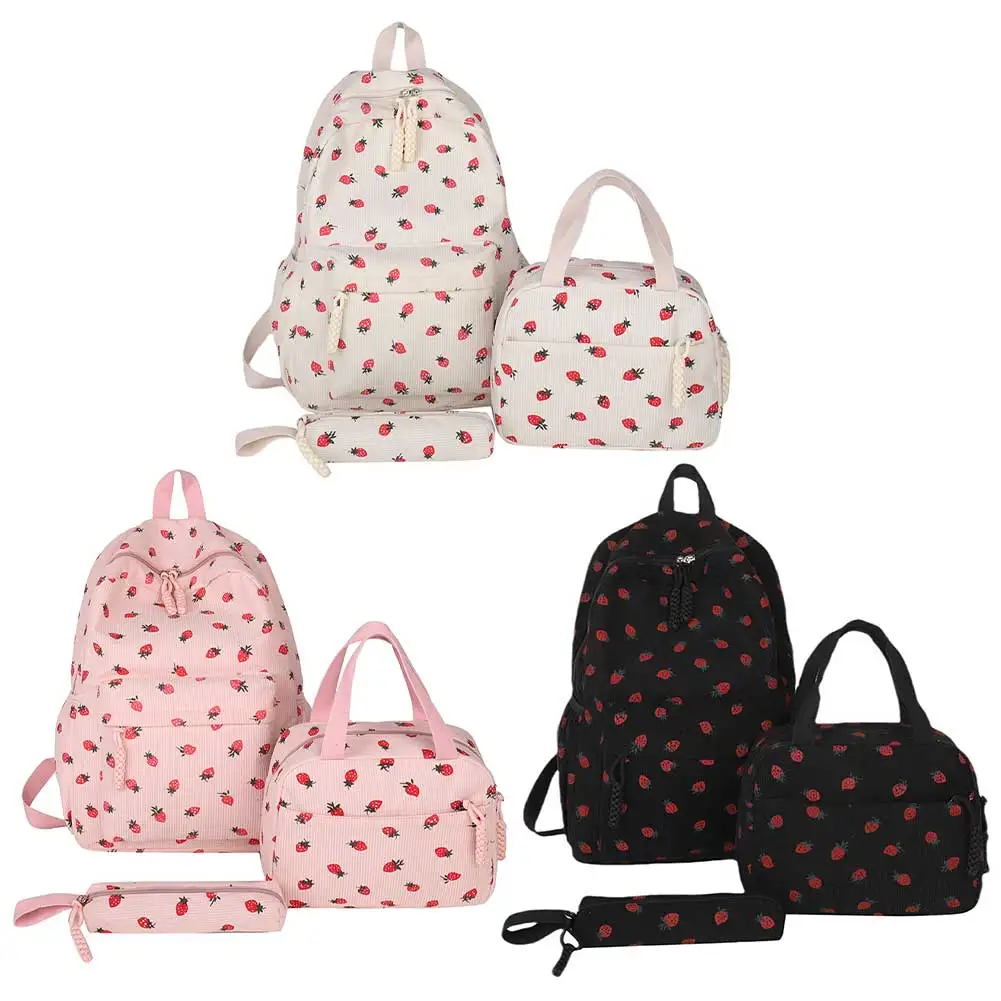 Three-Piece Corduroy Cute Backpack with Lunch Bag & Pencil Case Kawaii Backpack Large Capacity Simple Backpack Set Trip Backpack