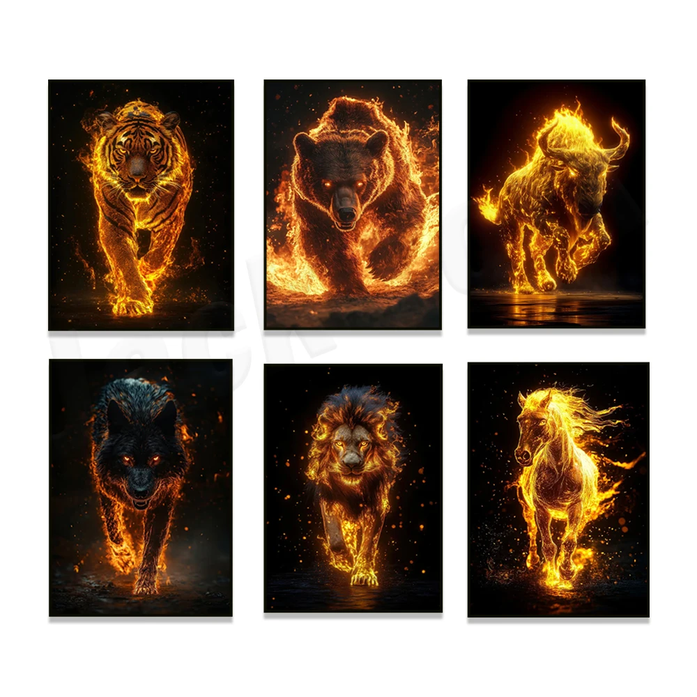 Wildlife prints, including fiery rhinoceros, kangaroo, tiger, wolf, lion, wild boar, and crocodile animal canvas posters.