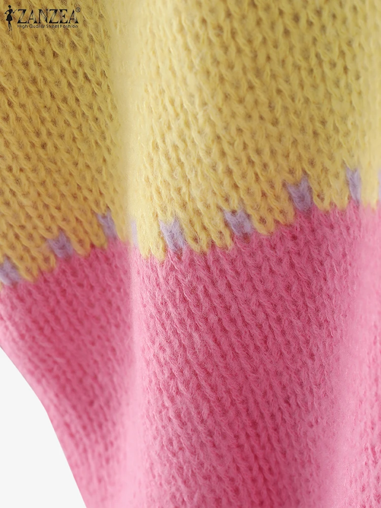 2025 zanzea malha cor retalhos blusas femininas moda manga longa malhas cardigans outono com decote em v casual solto jumpers