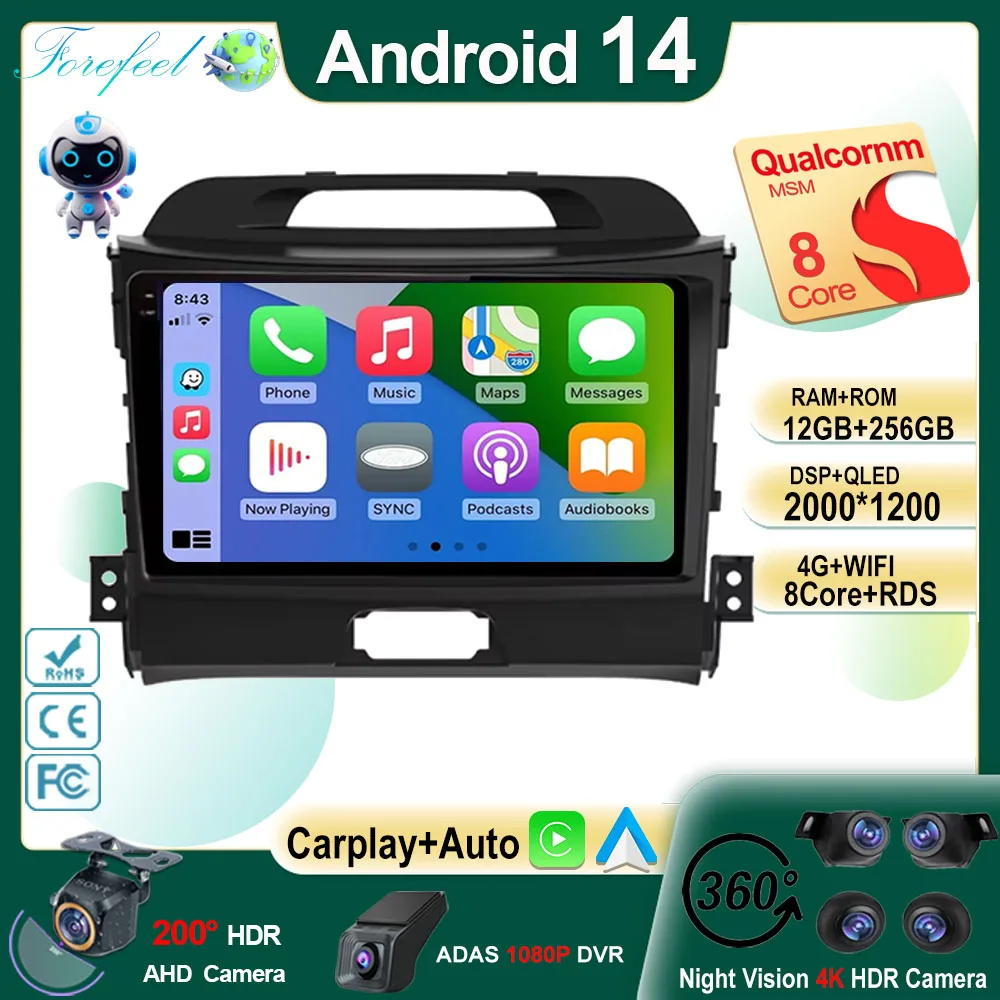 

QLED Wireless CarPlay Android 14 Auto Radio For Kia Sportage 3 4 SL 2010-2016 Car Multimedia Video Player Navigation GPS NO 2DIN