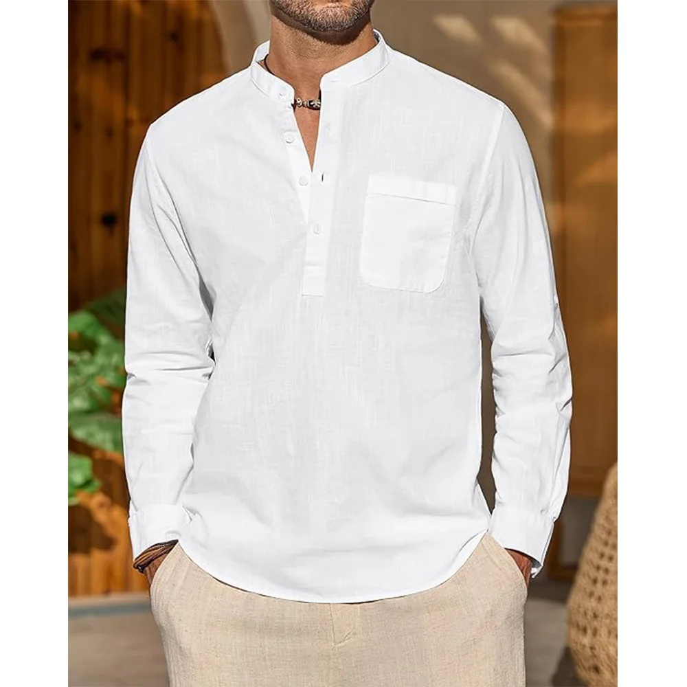 

New Cotton Linen Shirts for Men Casual Shirt Lightweight Vacation Long Sleeve Henley Collar Beach Shirts Hawaiian T Shirt Men