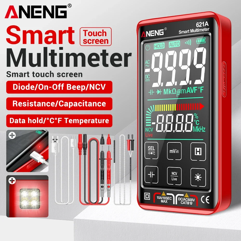 ANENG 621A Digital Multimeter 9999 Counts 1000V DC/750V AC 10A Current NCV Temperature Capacitance Diode Tester with Flashlight