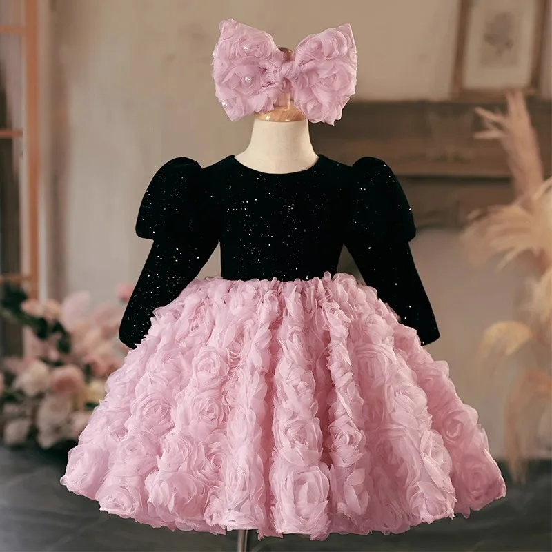 

Princess Girls Dress for Pageant Party Long Sleeve Seuined Beading Flower Girls Dress Birthday Prom Ball Gown