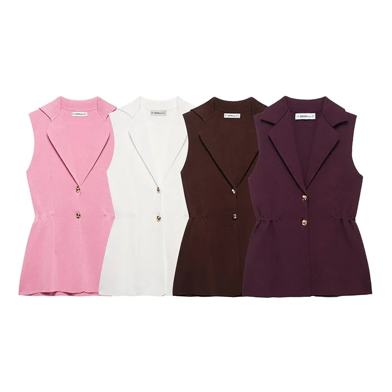 

Women Fashion With Gold Button Gathered Knit Vest Sweater Casual Turn-down Collar Sleeveless Female Waistcoat Chic Tops